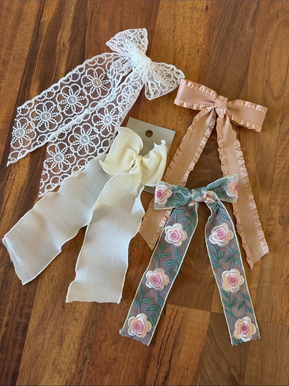 Set of 4 Decorative Ribbon Hair Bows - White, Cream, Blush, Floral Green